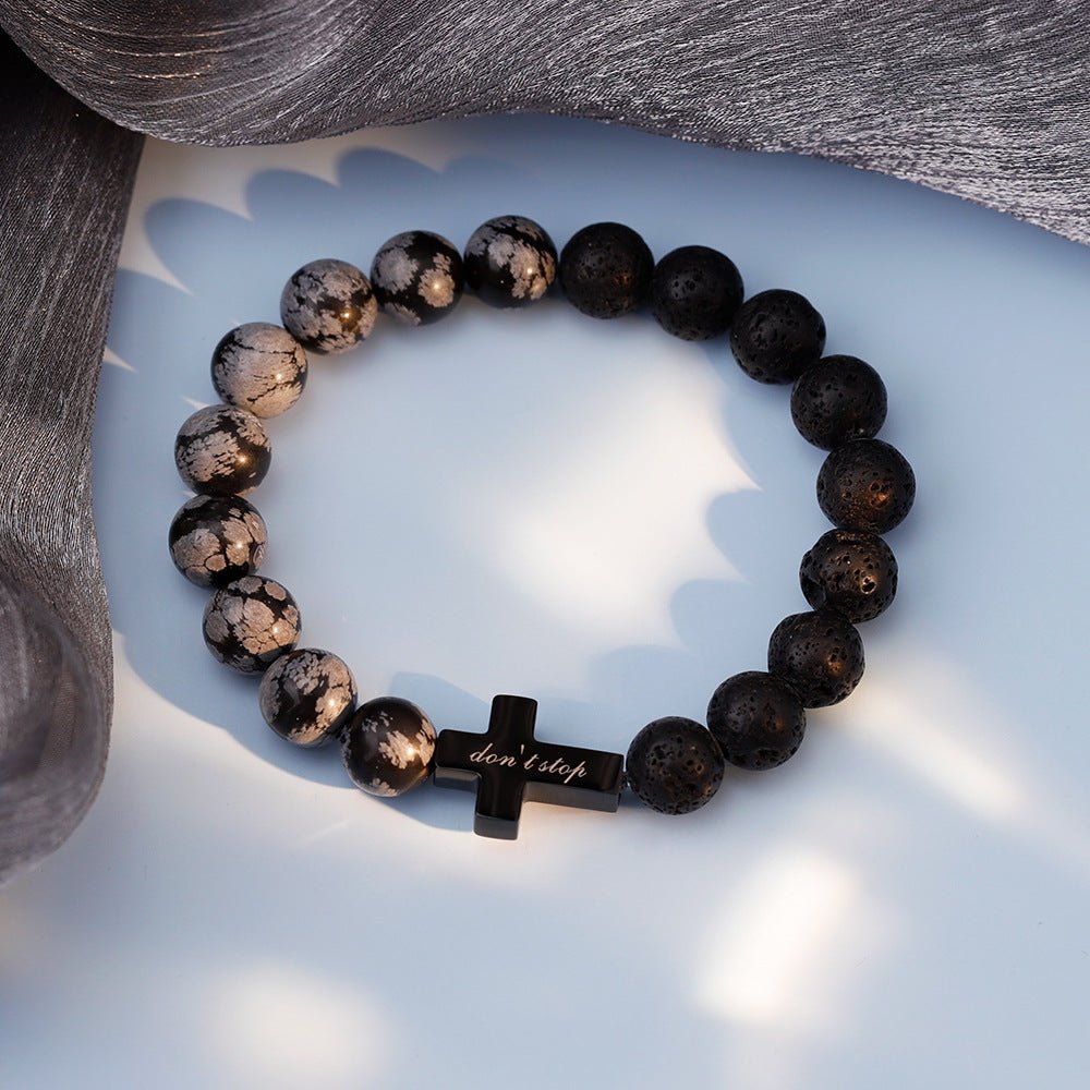 Bracelet homme en perles naturelles pierre volcanique noire et turquoise noire, croix gravée noire au centre, style masculin