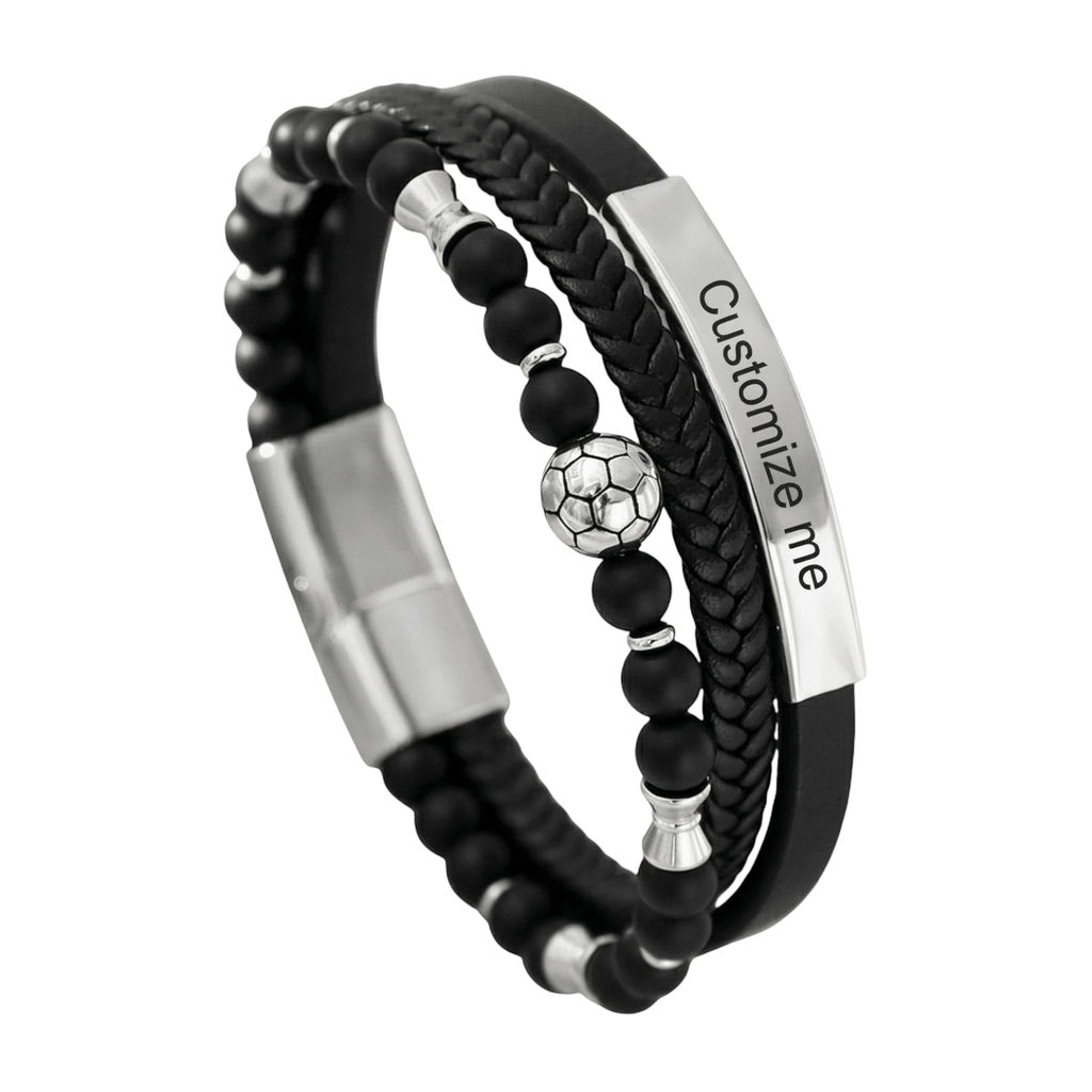 Bracelet masculin noir en cuir tressé avec perles noires, perle centrale ballon de football blanc, plaque acier.