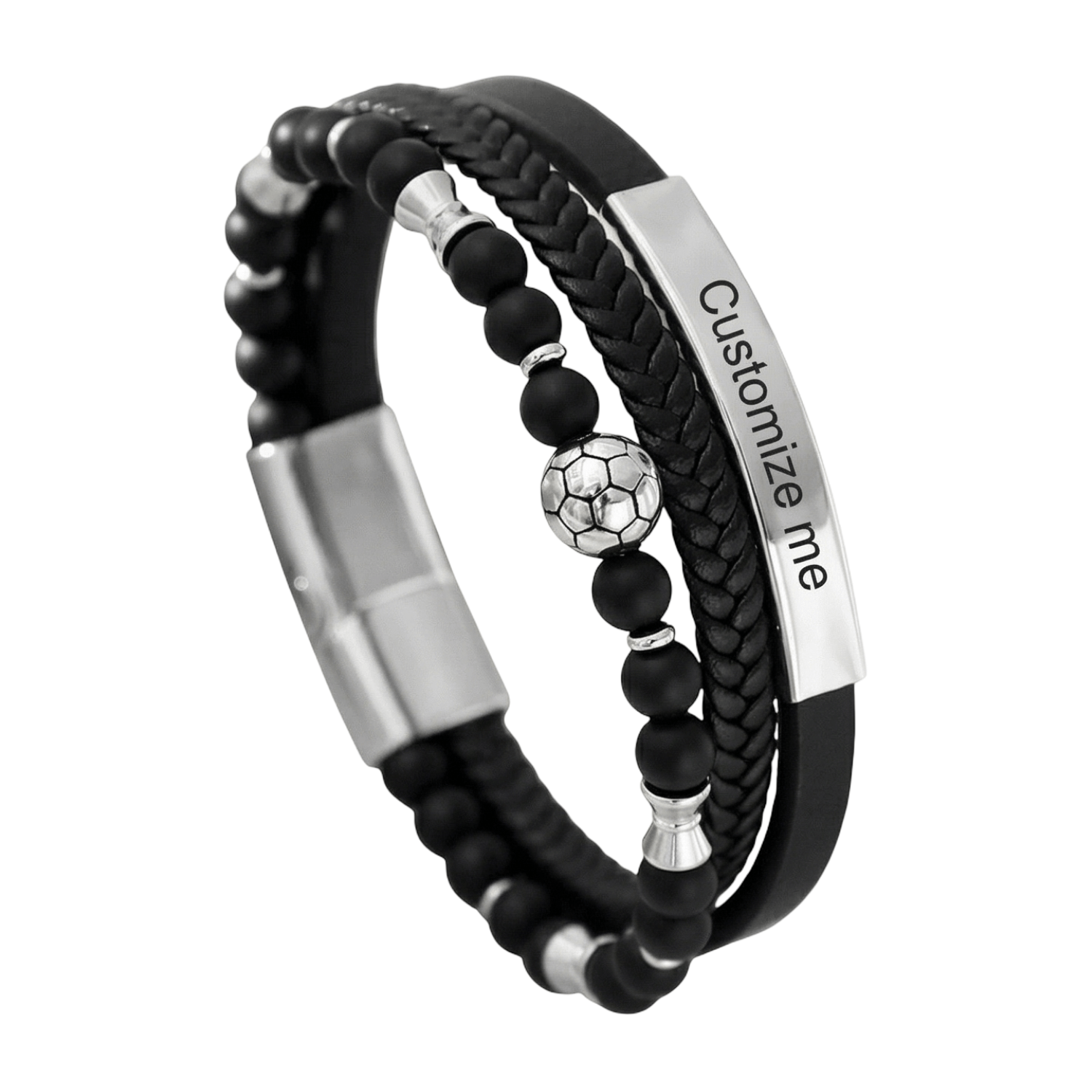 Bracelet masculin noir en cuir tressé avec perles noires, perle centrale ballon de football blanc, plaque acier.