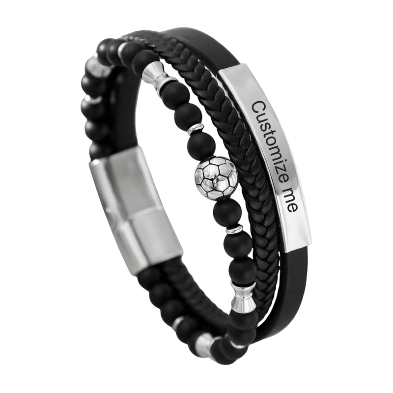 Bracelet masculin noir en cuir tressé avec perles noires, perle centrale ballon de football blanc, plaque acier.