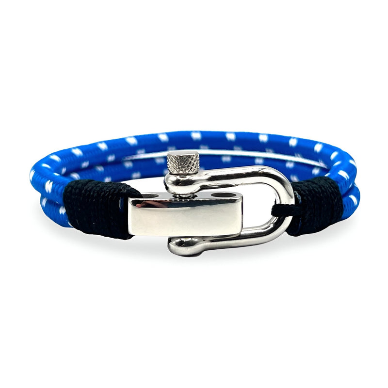 Bracelet pour homme bleu avec cordon en nylon et mousqueton en acier inoxydable poli.