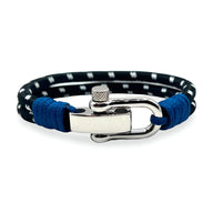 Bracelet homme noir en corde tressée avec mousqueton en acier inoxydable argenté et finition bleue.