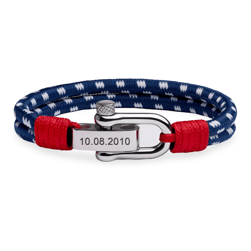 Bracelet personnalisé bleu avec mousqueton en acier inoxydable et gravure de date, cordon tressé rouge et blanc.