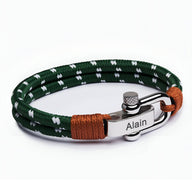 Bracelet homme vert en corde tressée avec mousqueton en acier inoxydable gravé "Alain".