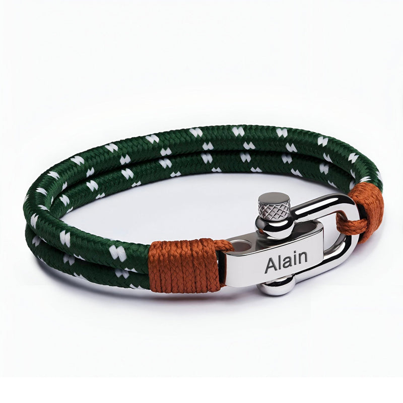 Bracelet homme vert en corde tressée avec mousqueton en acier inoxydable gravé "Alain".