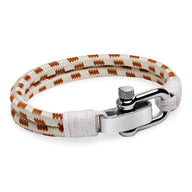 Bracelet homme personnalisé en corde beige avec motifs orange, mousqueton en acier inoxydable brillant.