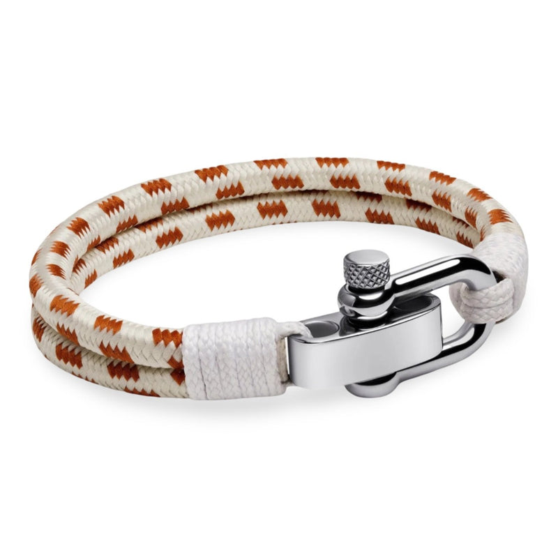 Bracelet homme personnalisé en corde beige avec motifs orange, mousqueton en acier inoxydable brillant.