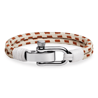 Bracelet homme personnalisé en corde beige à motifs marron avec mousqueton en acier inoxydable brillant.