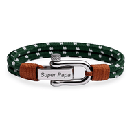 Bracelet pour homme en corde verte avec détails en cuir marron et mousqueton acier gravé Super Papa.