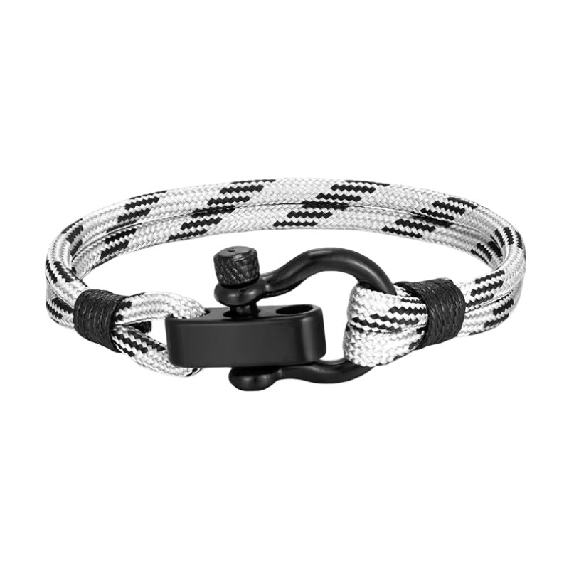 Bracelet mousqueton en nylon blanc et noir avec fermeture en acier noir style camo.