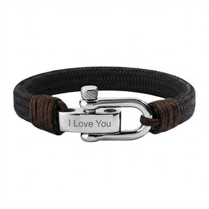 Bracelet homme en coton noir tressé avec fermoir manille en acier inoxydable gravé "I Love You".