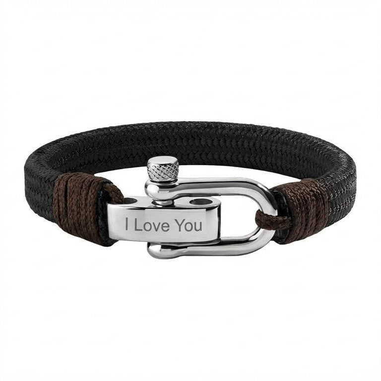Bracelet homme en coton noir tressé avec fermoir manille en acier inoxydable gravé "I Love You".