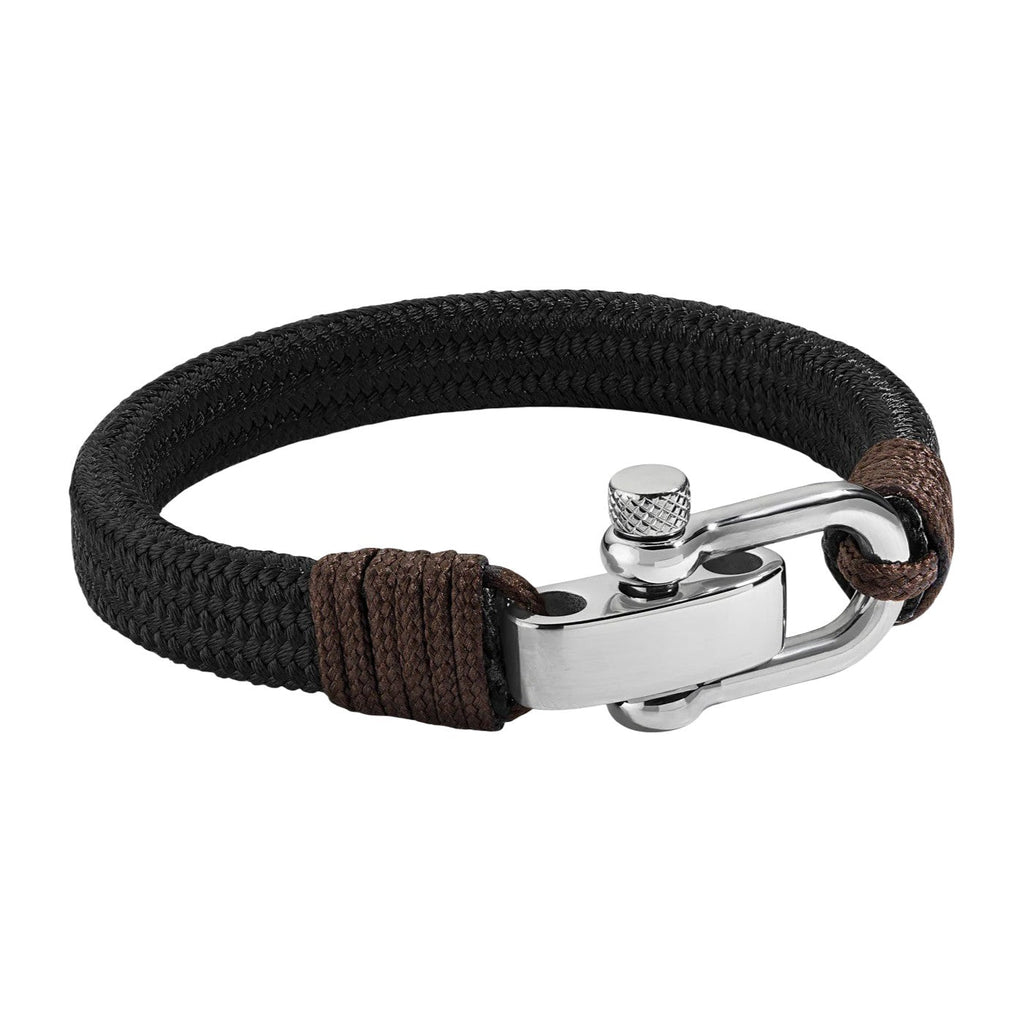Bracelet homme noir en coton tressé avec fermoir manille en acier inoxydable argenté et détails marron.