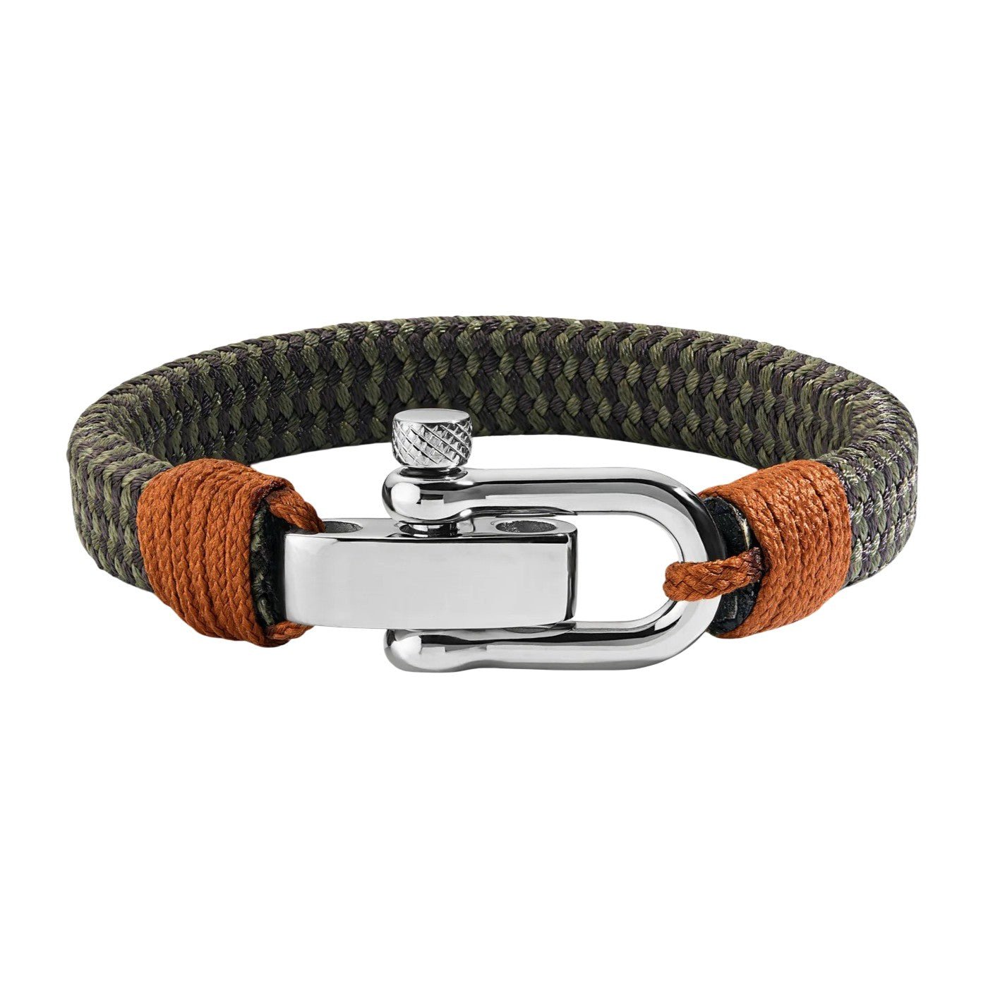 Bracelet homme en coton tressé kaki et noir avec fermoir manille en acier inoxydable et détails cuir marron.