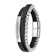 Bracelet homme multi-rangs noir en cuir tressé et chaîne argentée avec plaque gravée "Wonderful Man".