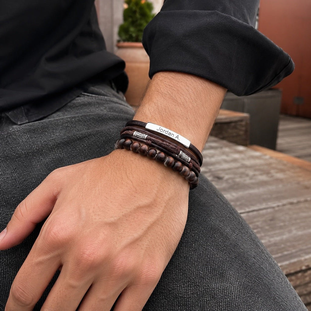 Bracelet personnalisé multirangs, lanières tressées et perles en bois, fermoir magnétique en acier inoxydable avec gravure personnalisée offerte, modèle Randal