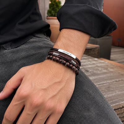Bracelet personnalisé multirangs, lanières tressées et perles en bois, fermoir magnétique en acier inoxydable avec gravure personnalisée offerte, modèle Randal