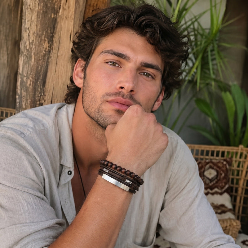 Bracelet personnalisé multirangs, lanières tressées et perles en bois, fermoir magnétique en acier inoxydable avec gravure personnalisée offerte, modèle Randal