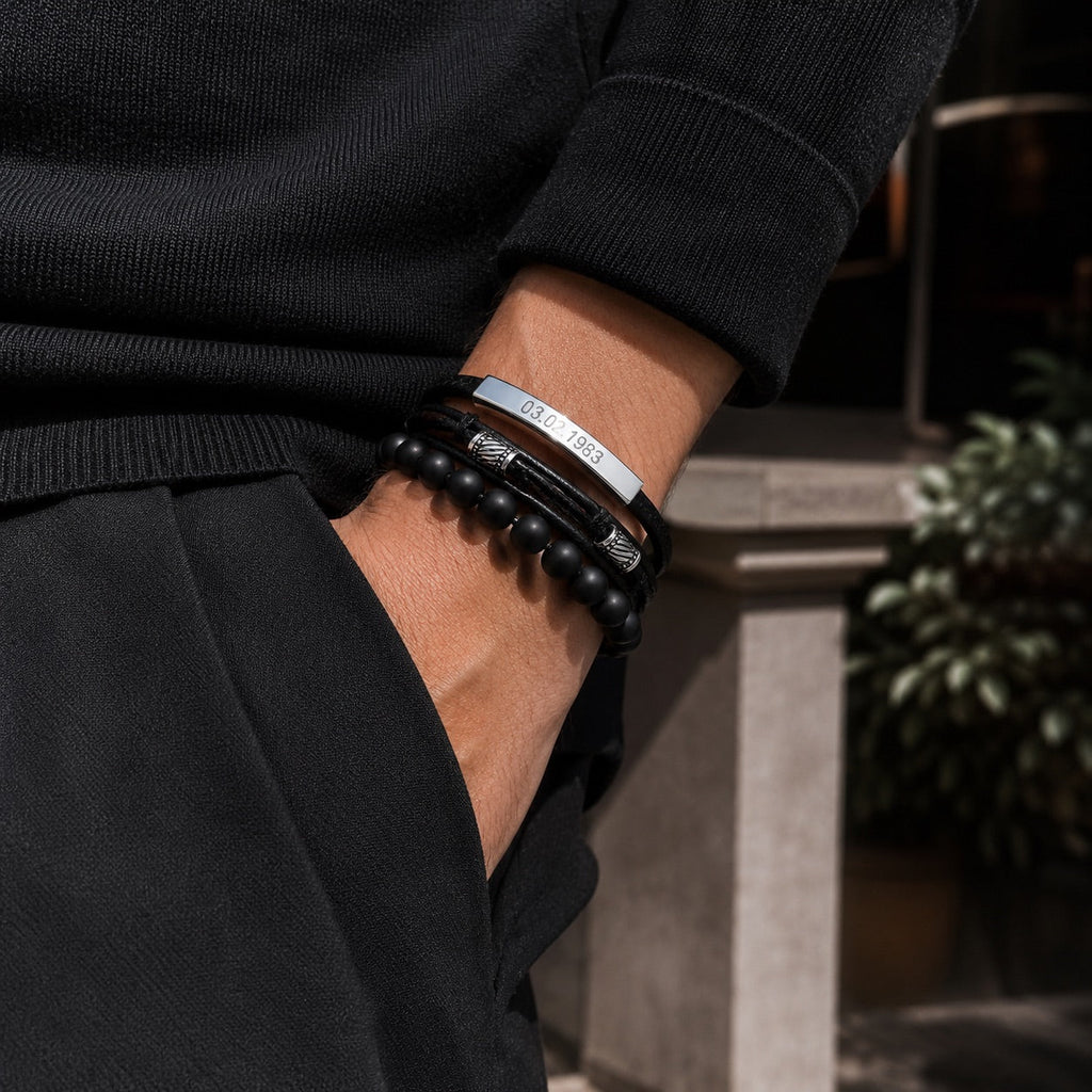 Bracelet personnalisé multirangs, lanières tressées et perles en bois, fermoir magnétique en acier inoxydable avec gravure personnalisée offerte, modèle Randal