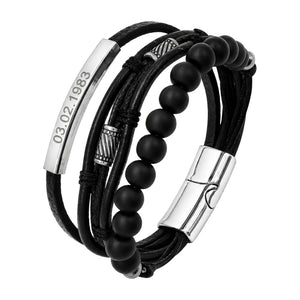 Bracelet personnalisé multirangs, lanières tressées et perles en bois, fermoir magnétique en acier inoxydable avec gravure personnalisée offerte, modèle Randal