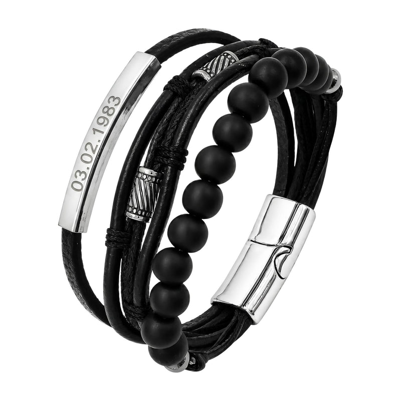Bracelet personnalisé multirangs, lanières tressées et perles en bois, fermoir magnétique en acier inoxydable avec gravure personnalisée offerte, modèle Randal