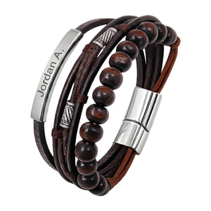 Bracelet personnalisé multirangs, lanières tressées et perles en bois, fermoir magnétique en acier inoxydable avec gravure personnalisée offerte, modèle Randal