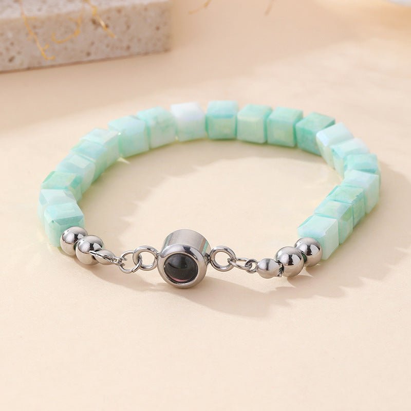 Bracelet personnalisé photo, perles cubiques en pierre naturelle, acier inoxydable, bijou souvenir sur mesure, modèle Akine