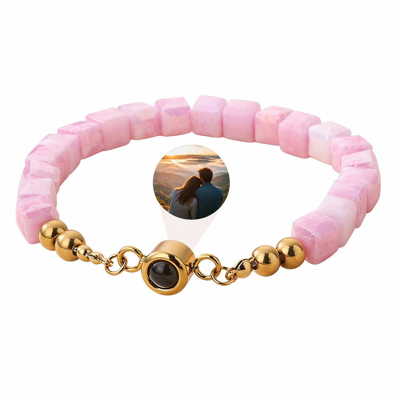 Bracelet personnalisé photo, perles cubiques en pierre naturelle, acier inoxydable, bijou souvenir sur mesure, modèle Akine