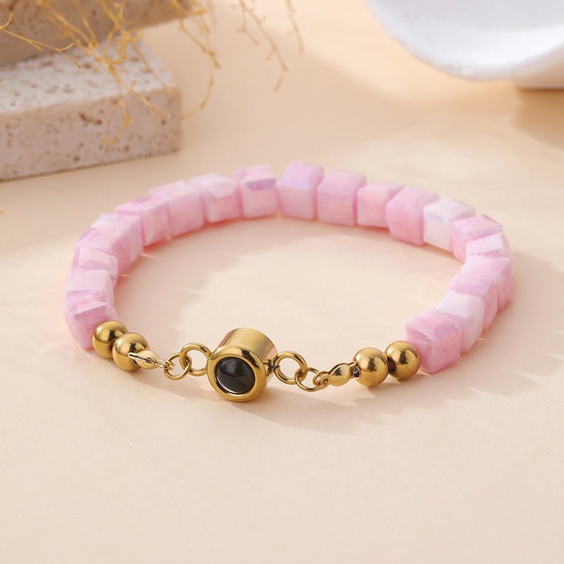 Bracelet personnalisé photo, perles cubiques en pierre naturelle, acier inoxydable, bijou souvenir sur mesure, modèle Akine