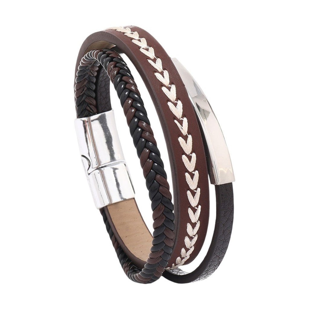 Bracelet personnalisé simili tressé multicouche avec plaque acier personnalisable, design masculin noir et marron, fermoir magnétique, modèle Fabiano