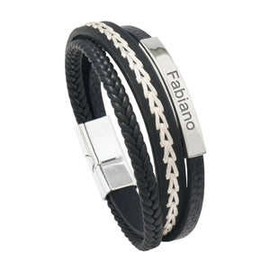 Bracelet personnalisé simili tressé multicouche avec plaque acier personnalisable, design masculin noir et marron, fermoir magnétique, modèle Fabiano
