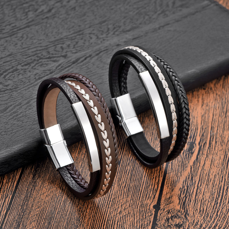 Bracelet personnalisé simili tressé multicouche avec plaque acier personnalisable, design masculin noir et marron, fermoir magnétique, modèle Fabiano