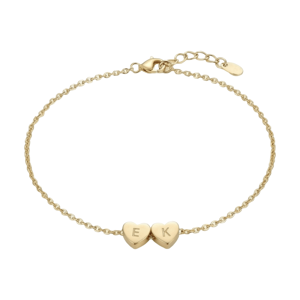 Bracelet personnalisé x2 cœurs avec lettres gravées, chaîne fine en acier inoxydable doré, bijou délicat à message intime, modèle Garence