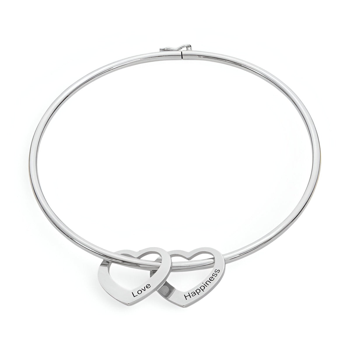 Bracelet en titane argenté avec deux pendentifs cœurs gravés "Love" et "Happiness".