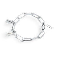 Bracelet femme en acier inoxydable argent avec maillons larges et deux plaques personnalisables.