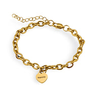 Bracelet chaîne en acier inoxydable doré avec pendentif cœur gravé « Nannie ».