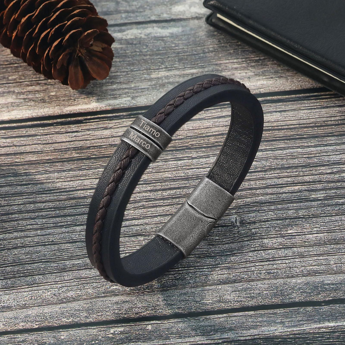 Personalized double-band bracelet, engravable steel beads, magnetic clasp, Néko model