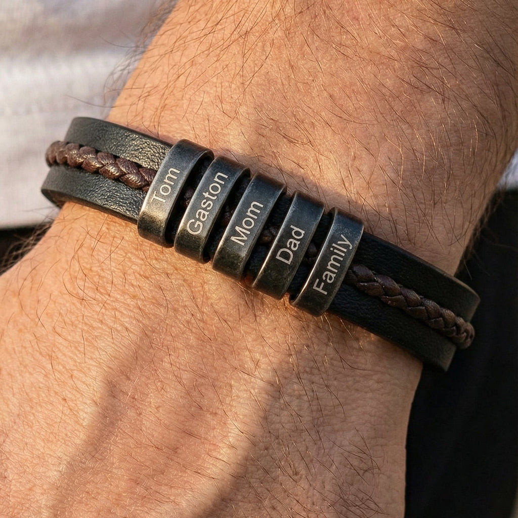 Bracelet personnalosé en cuir noir et brun tressé, ligne épurée, fermoir magnétique robuste, style cinq plaques, modèle Néko