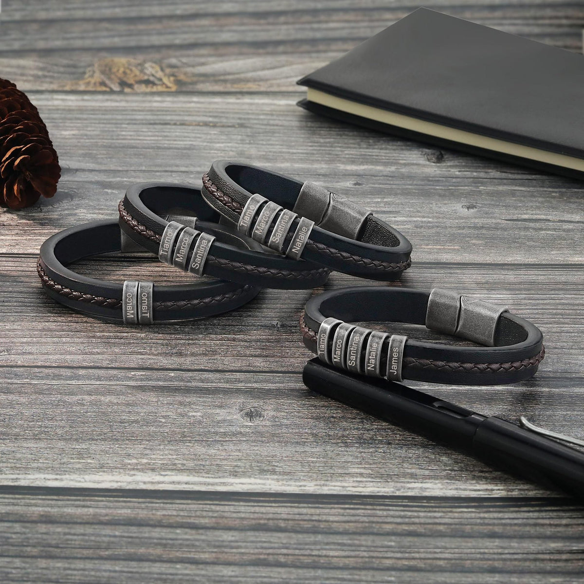 Personalized double-band bracelet, engravable steel beads, magnetic clasp, Néko model