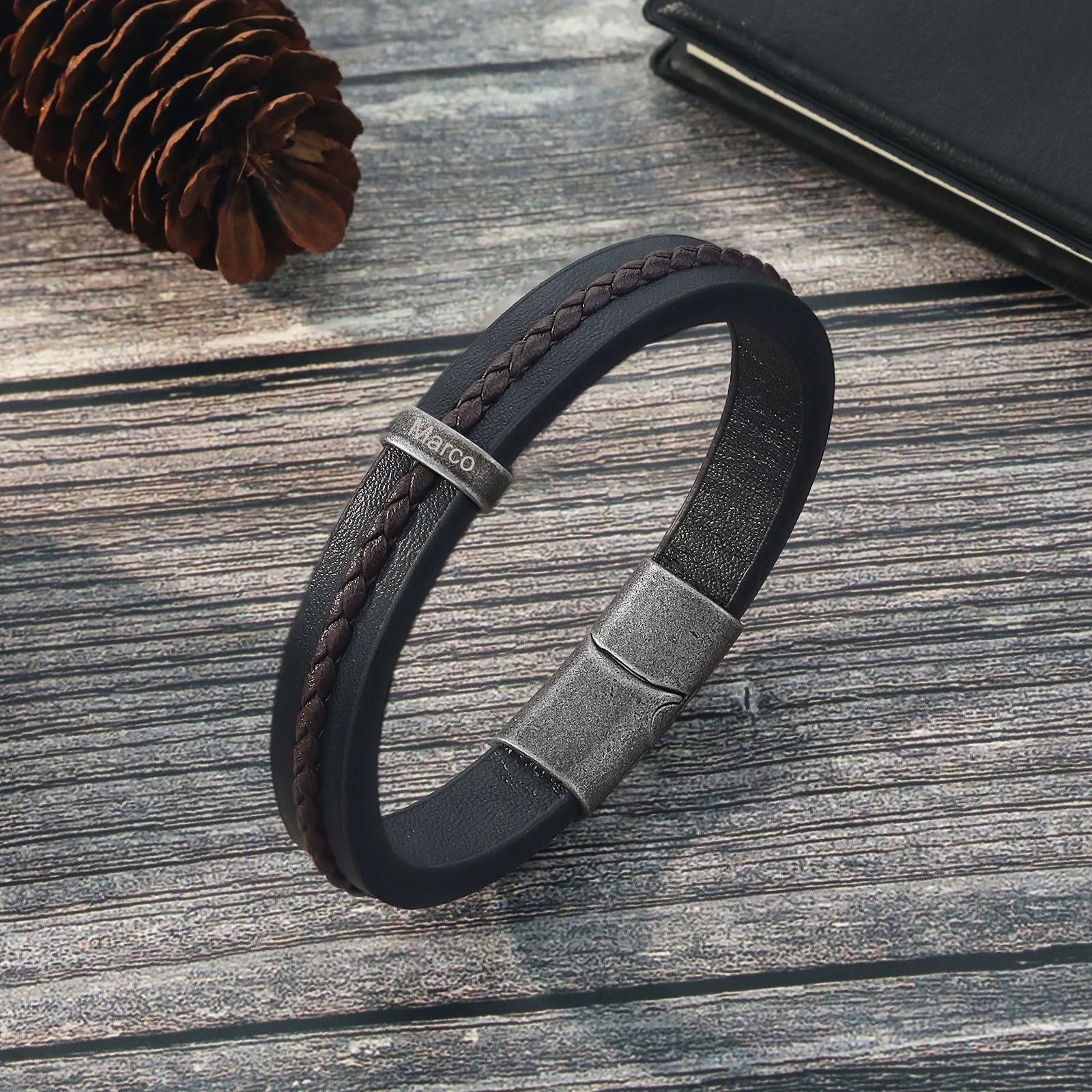 Bracelet personnalosé en cuir noir et brun tressé, ligne épurée, fermoir magnétique robuste, style trois plaques, modèle Néko