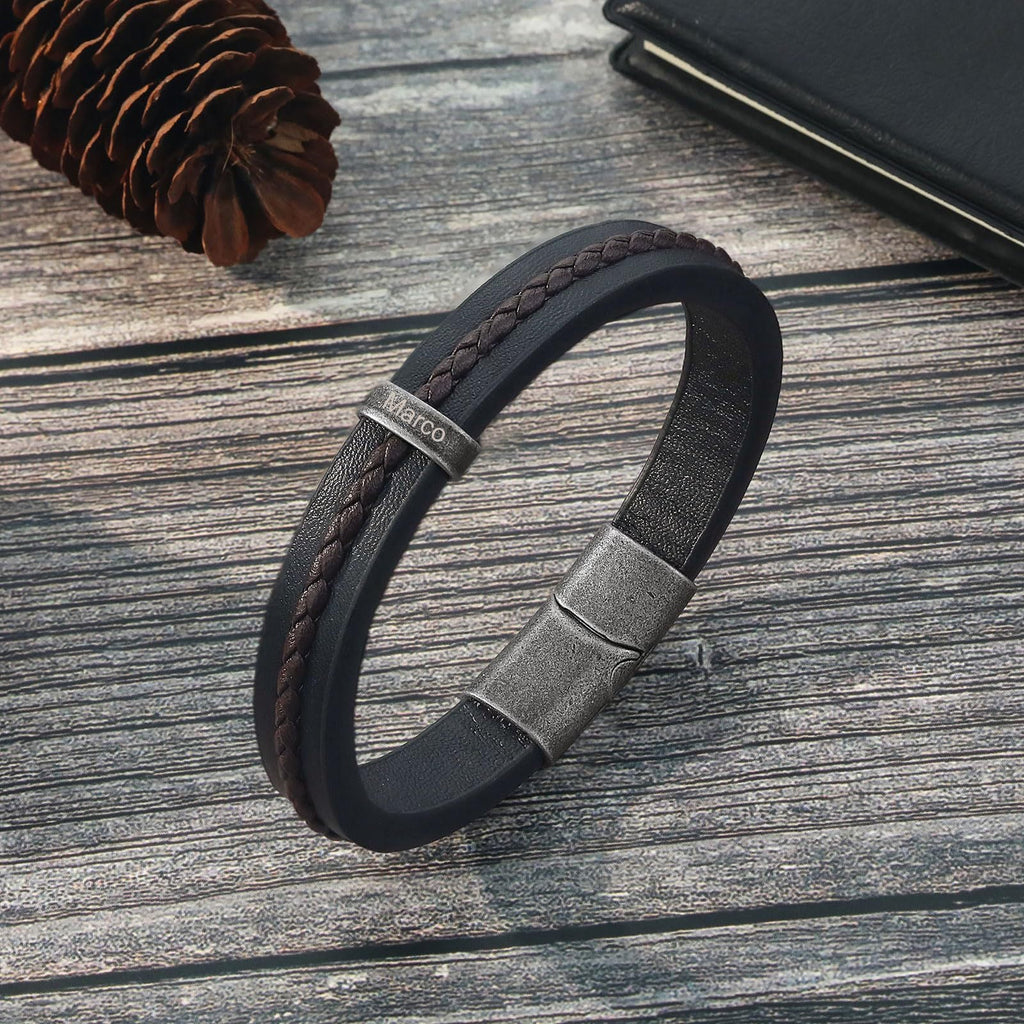 Bracelet personnalosé en cuir noir et brun tressé, ligne épurée, fermoir magnétique robuste, style trois plaques, modèle Néko