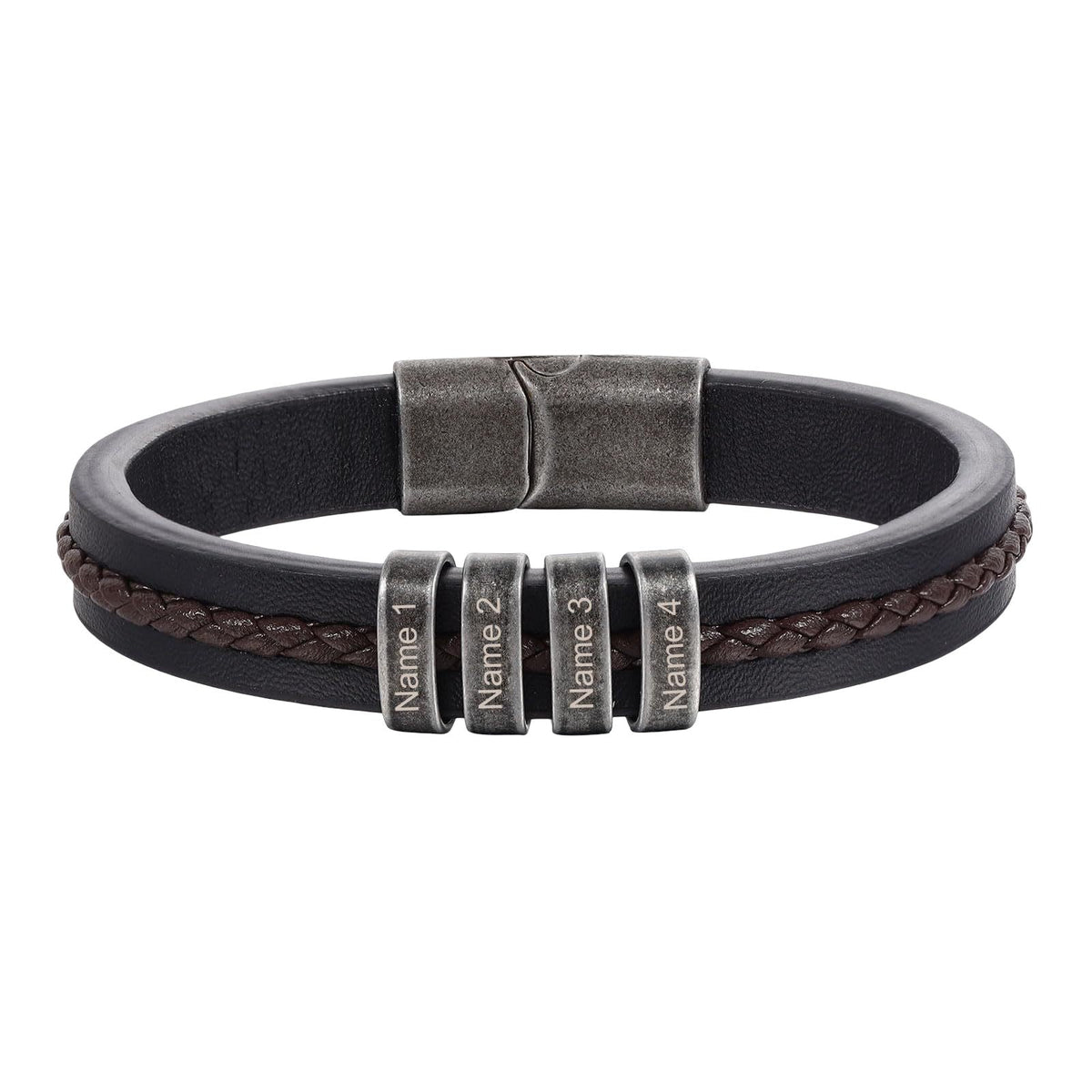 Personalized double-band bracelet, brown braid and smooth black base, engravable beads, Néko model