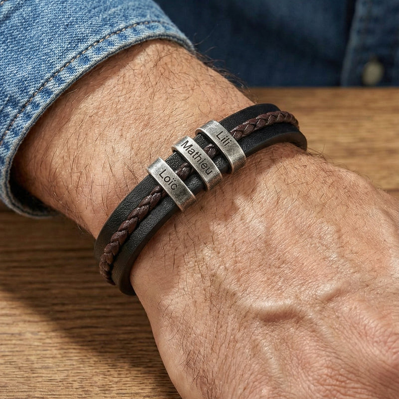 Bracelet personnalosé en cuir noir et brun tressé, ligne épurée, fermoir magnétique robuste, style trois plaques, modèle Néko