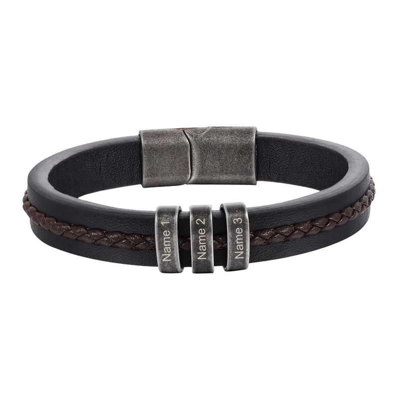 Bracelet personnalosé en cuir noir et brun tressé, ligne épurée, fermoir magnétique robuste, style trois plaques, modèle Néko