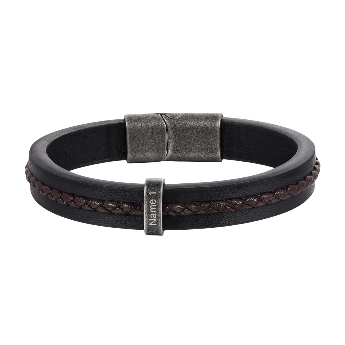 Personalized double-band bracelet with engravable beads, brown braid, magnetic clasp, Néko model