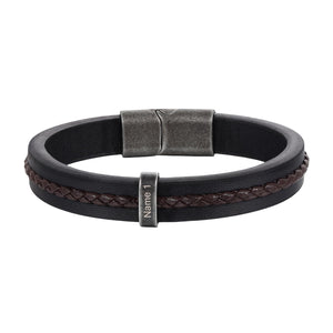 Personalisierbares Armband aus schwarzem und braunem geflochtenem Leder, schlichtes Design, robuster Magnetverschluss, einteilige Platte, Modell Néko