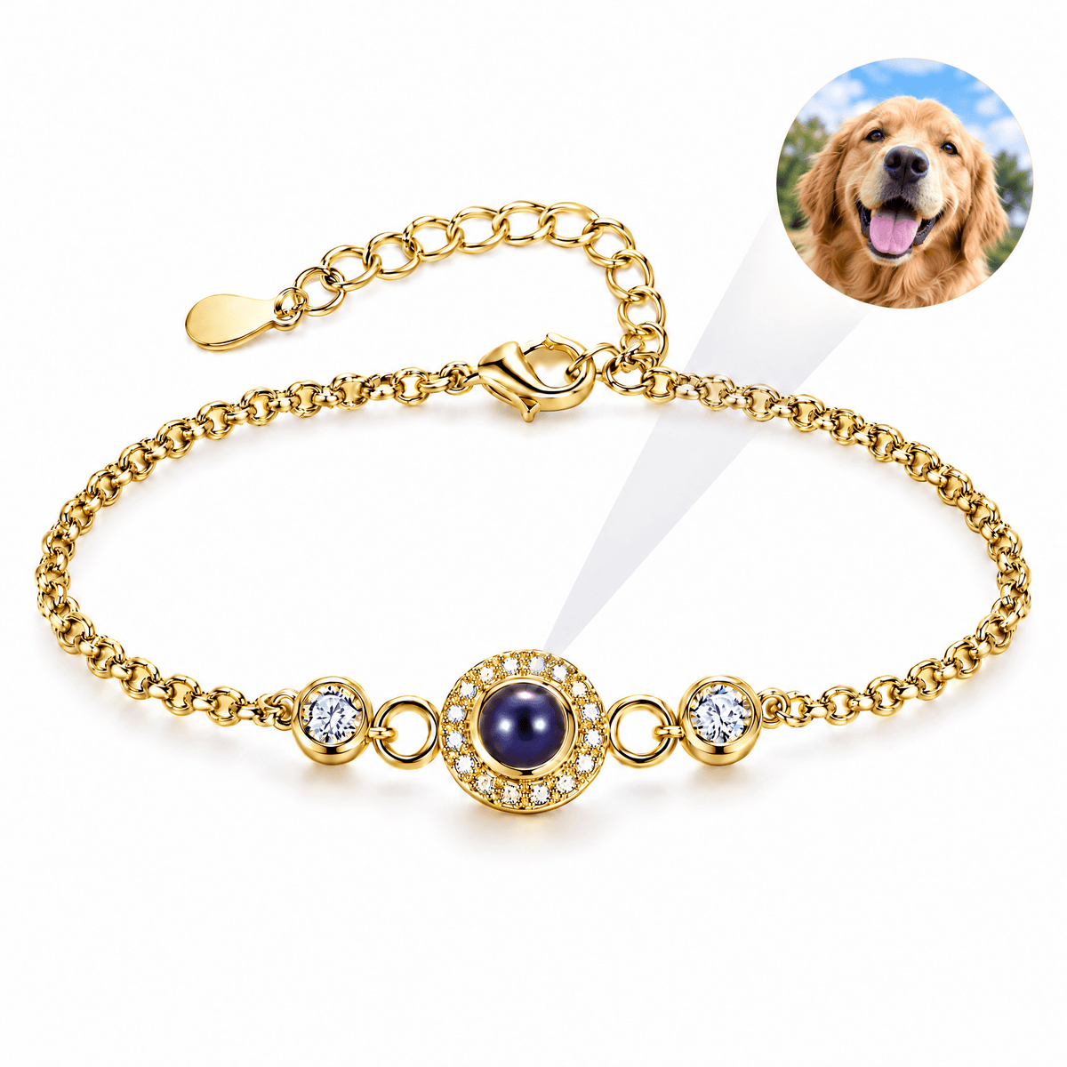 Bracelet photo personnalisé à projection, serti de zircons, chaîne fine, modèle Zania — Or — packshot studio photo-projection nette