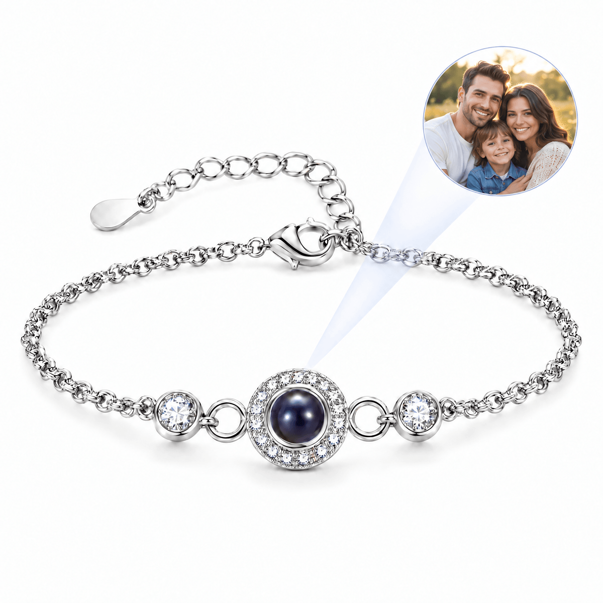Bracelet photo personnalisé à projection, serti de zircons, chaîne fine, modèle Zania — Argent — packshot studio photo-projection nette