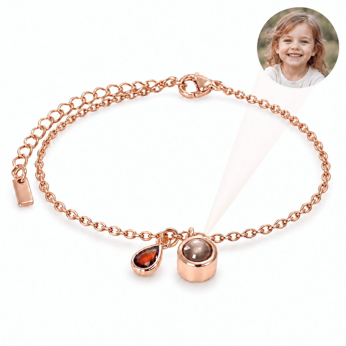 Bracelet photo personnalisé, acier inoxydable, avec pierre de naissance en goutte, cadeau intime et unique, modèle Ruliqua — Juillet / Or rosé — packshot studio photo-projection nette