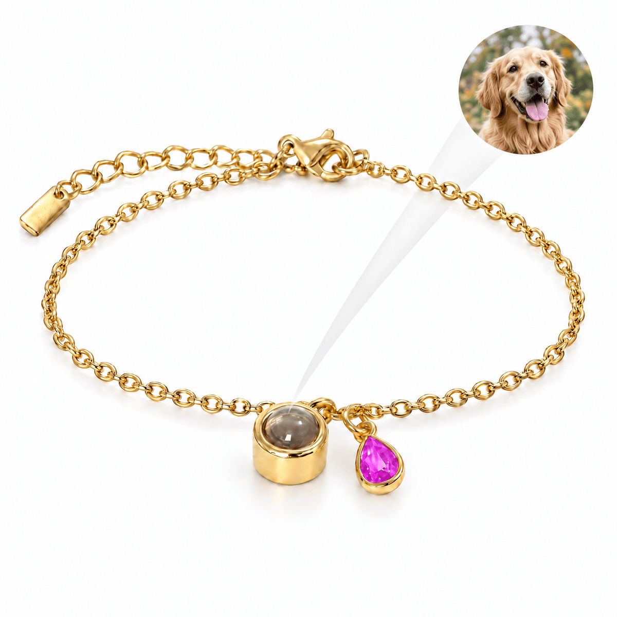 Bracelet photo personnalisé, acier inoxydable, avec pierre de naissance en goutte, cadeau intime et unique, modèle Ruliqua — Octobre / Or — packshot studio photo-projection nette